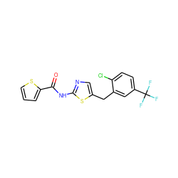 O=C(Nc1ncc(Cc2cc(C(F)(F)F)ccc2Cl)s1)c1cccs1 ZINC000005016760