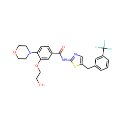 O=C(Nc1ncc(Cc2cccc(C(F)(F)F)c2)s1)c1ccc(N2CCOCC2)c(OCCO)c1 ZINC000043011648