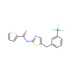 O=C(Nc1ncc(Cc2cccc(C(F)(F)F)c2)s1)c1cccs1 ZINC000000887360