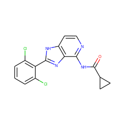 O=C(Nc1nccc2[nH]c(-c3c(Cl)cccc3Cl)nc12)C1CC1 ZINC000118778296