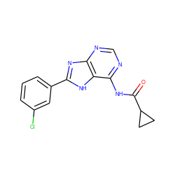 O=C(Nc1ncnc2nc(-c3cccc(Cl)c3)[nH]c12)C1CC1 ZINC000058576147