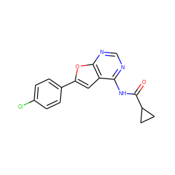 O=C(Nc1ncnc2oc(-c3ccc(Cl)cc3)cc12)C1CC1 ZINC000014946141