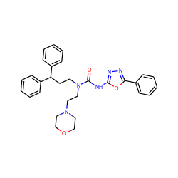 O=C(Nc1nnc(-c2ccccc2)o1)N(CCC(c1ccccc1)c1ccccc1)CCN1CCOCC1 ZINC000103253786