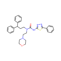 O=C(Nc1nnc(-c2ccccc2)s1)N(CCC(c1ccccc1)c1ccccc1)CCN1CCOCC1 ZINC000103253788