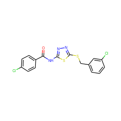 O=C(Nc1nnc(SCc2cccc(Cl)c2)s1)c1ccc(Cl)cc1 ZINC000029127585