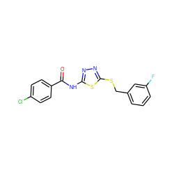 O=C(Nc1nnc(SCc2cccc(F)c2)s1)c1ccc(Cl)cc1 ZINC000004078304