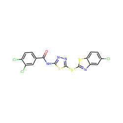 O=C(Nc1nnc(Sc2nc3cc(Cl)ccc3s2)s1)c1ccc(Cl)c(Cl)c1 ZINC000002146508