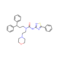 O=C(Nc1nsc(-c2ccccc2)n1)N(CCC(c1ccccc1)c1ccccc1)CCN1CCOCC1 ZINC000103253792