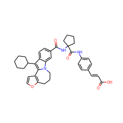 O=C(O)/C=C/c1ccc(NC(=O)C2(NC(=O)c3ccc4c(C5CCCCC5)c5n(c4c3)CCCc3occc3-5)CCCC2)cc1 ZINC000084633312