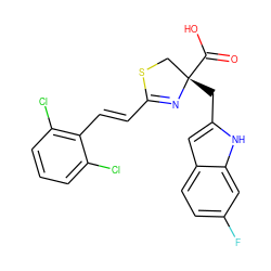 O=C(O)[C@@]1(Cc2cc3ccc(F)cc3[nH]2)CSC(/C=C/c2c(Cl)cccc2Cl)=N1 ZINC000035879862