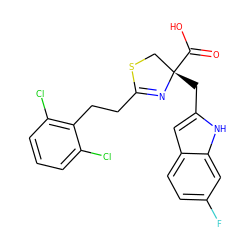 O=C(O)[C@@]1(Cc2cc3ccc(F)cc3[nH]2)CSC(CCc2c(Cl)cccc2Cl)=N1 ZINC000137173723