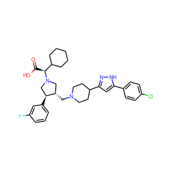 O=C(O)[C@@H](C1CCCCC1)N1C[C@H](CN2CCC(c3cc(-c4ccc(Cl)cc4)[nH]n3)CC2)[C@@H](c2cccc(F)c2)C1 ZINC000028006360