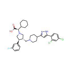 O=C(O)[C@@H](C1CCCCC1)N1C[C@H](CN2CCC(c3cc(-c4ccc(Cl)cc4Cl)[nH]n3)CC2)[C@@H](c2cccc(F)c2)C1 ZINC000028006751