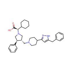 O=C(O)[C@@H](C1CCCCC1)N1C[C@H](CN2CCC(c3cc(Cc4ccccc4)[nH]n3)CC2)[C@@H](c2ccccc2)C1 ZINC000028015765