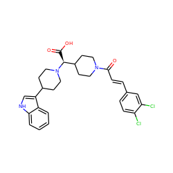 O=C(O)[C@@H](C1CCN(C(=O)/C=C/c2ccc(Cl)c(Cl)c2)CC1)N1CCC(c2c[nH]c3ccccc23)CC1 ZINC000028824821