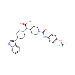 O=C(O)[C@@H](C1CCN(C(=O)Nc2ccc(OC(F)(F)F)cc2)CC1)N1CCC(c2c[nH]c3ccccc23)CC1 ZINC000028824861