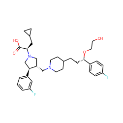 O=C(O)[C@@H](CC1CC1)N1C[C@H](CN2CCC(CC[C@H](OCCO)c3ccc(F)cc3)CC2)[C@@H](c2cccc(F)c2)C1 ZINC000042808299