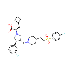 O=C(O)[C@@H](CC1CCC1)N1C[C@H](CN2CCC(CCS(=O)(=O)c3ccc(F)cc3)CC2)[C@@H](c2cccc(F)c2)C1 ZINC000028234928