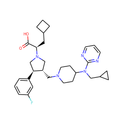 O=C(O)[C@@H](CC1CCC1)N1C[C@H](CN2CCC(N(CC3CC3)c3ncccn3)CC2)[C@@H](c2cccc(F)c2)C1 ZINC000053204570