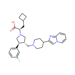 O=C(O)[C@@H](CC1CCC1)N1C[C@H](CN2CCC(c3cn4ccccc4n3)CC2)[C@@H](c2cccc(F)c2)C1 ZINC000033817891