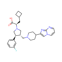 O=C(O)[C@@H](CC1CCC1)N1C[C@H](CN2CCC(c3cn4cccnc4n3)CC2)[C@@H](c2cccc(F)c2)C1 ZINC000096901346