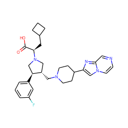 O=C(O)[C@@H](CC1CCC1)N1C[C@H](CN2CCC(c3cn4ccncc4n3)CC2)[C@@H](c2cccc(F)c2)C1 ZINC000033817892