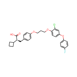 O=C(O)[C@@H](Cc1ccc(OCCCOc2ccc(Oc3ccc(F)cc3)cc2Cl)cc1)C1CCC1 ZINC000028571391