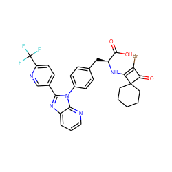 O=C(O)[C@H](Cc1ccc(-n2c(-c3ccc(C(F)(F)F)nc3)nc3cccnc32)cc1)NC1=C(Br)C(=O)C12CCCCC2 ZINC000150371814