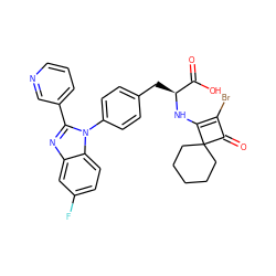 O=C(O)[C@H](Cc1ccc(-n2c(-c3cccnc3)nc3cc(F)ccc32)cc1)NC1=C(Br)C(=O)C12CCCCC2 ZINC000100077665