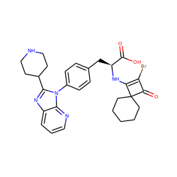 O=C(O)[C@H](Cc1ccc(-n2c(C3CCNCC3)nc3cccnc32)cc1)NC1=C(Br)C(=O)C12CCCCC2 ZINC000100077480