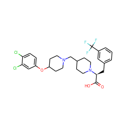 O=C(O)[C@H](Cc1cccc(C(F)(F)F)c1)N1CCC(CN2CCC(Oc3ccc(Cl)c(Cl)c3)CC2)CC1 ZINC000095576746