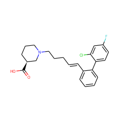 O=C(O)[C@H]1CCCN(CCC/C=C/c2ccccc2-c2ccc(F)cc2Cl)C1 ZINC000095596516