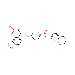 O=C(O)C[C@@H](CCC1CCN(C(=O)Cc2ccc3c(n2)NCCC3)CC1)c1ccc2c(c1)OCO2 ZINC000028365716