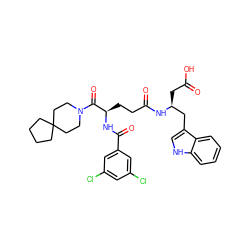 O=C(O)C[C@@H](Cc1c[nH]c2ccccc12)NC(=O)CC[C@@H](NC(=O)c1cc(Cl)cc(Cl)c1)C(=O)N1CCC2(CCCC2)CC1 ZINC000029212536