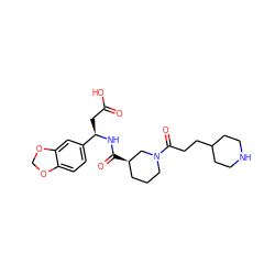 O=C(O)C[C@@H](NC(=O)[C@@H]1CCCN(C(=O)CCC2CCNCC2)C1)c1ccc2c(c1)OCO2 ZINC000027561710