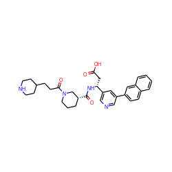 O=C(O)C[C@@H](NC(=O)[C@@H]1CCCN(C(=O)CCC2CCNCC2)C1)c1cncc(-c2ccc3ccccc3c2)c1 ZINC000027563561