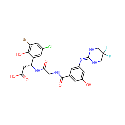 O=C(O)C[C@@H](NC(=O)CNC(=O)c1cc(O)cc(N=C2NCC(F)(F)CN2)c1)c1cc(Cl)cc(Br)c1O ZINC000028714233