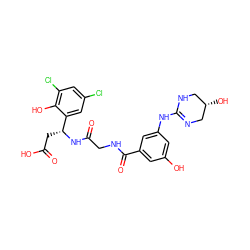 O=C(O)C[C@@H](NC(=O)CNC(=O)c1cc(O)cc(NC2=NC[C@@H](O)CN2)c1)c1cc(Cl)cc(Cl)c1O ZINC000014115293