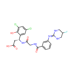 O=C(O)C[C@@H](NC(=O)CNC(=O)c1cccc(N=C2NCC(F)CN2)c1)c1cc(Cl)cc(Cl)c1O ZINC000028714186