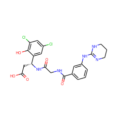 O=C(O)C[C@@H](NC(=O)CNC(=O)c1cccc(NC2=NCCCN2)c1)c1cc(Cl)cc(Cl)c1O ZINC000096318551