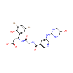 O=C(O)C[C@@H](NC(=O)CNC(=O)c1cncc(N=C2NCC(O)CN2)c1)c1cc(Br)cc(Br)c1O ZINC000028714282