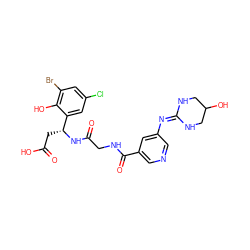 O=C(O)C[C@@H](NC(=O)CNC(=O)c1cncc(N=C2NCC(O)CN2)c1)c1cc(Cl)cc(Br)c1O ZINC000028714211