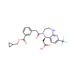 O=C(O)C[C@@H]1c2ccc(C(F)(F)F)nc2NCCN1C(=O)Cc1cccc(C(=O)OCC2CC2)c1 ZINC000299820416