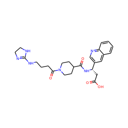 O=C(O)C[C@H](NC(=O)C1CCN(C(=O)CCCNC2=NCCN2)CC1)c1cnc2ccccc2c1 ZINC000028379149