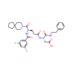 O=C(O)C[C@H](NC(=O)CC[C@@H](NC(=O)c1cc(Cl)cc(Cl)c1)C(=O)N1CCC2(CCCC2)CC1)C(=O)NCCc1ccccc1 ZINC000029216535