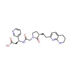 O=C(O)C[C@H](NC(=O)CN1CC[C@@H](CCc2ccc3c(n2)NCCC3)C1=O)c1cccnc1 ZINC000013436052