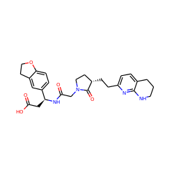 O=C(O)C[C@H](NC(=O)CN1CC[C@H](CCc2ccc3c(n2)NCCC3)C1=O)c1ccc2c(c1)CCO2 ZINC000013436086