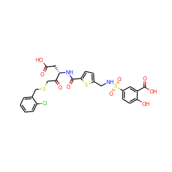 O=C(O)C[C@H](NC(=O)c1ccc(CNS(=O)(=O)c2ccc(O)c(C(=O)O)c2)s1)C(=O)CSCc1ccccc1Cl ZINC000027557896