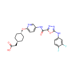 O=C(O)C[C@H]1CC[C@H](Oc2ccc(NC(=O)c3nnc(Nc4ccc(F)c(F)c4)o3)cn2)CC1 ZINC000116600588