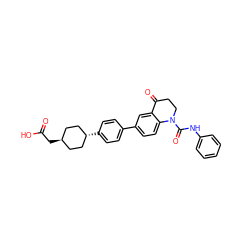 O=C(O)C[C@H]1CC[C@H](c2ccc(-c3ccc4c(c3)C(=O)CCN4C(=O)Nc3ccccc3)cc2)CC1 ZINC000261166904